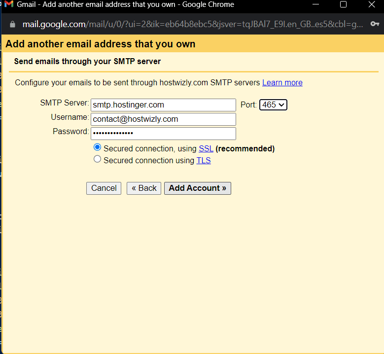 Configuring hostinger email sending in gmail step 2