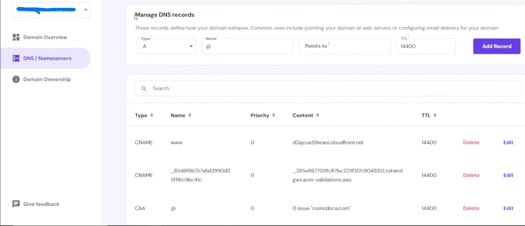 DNS editor page in Hostinger