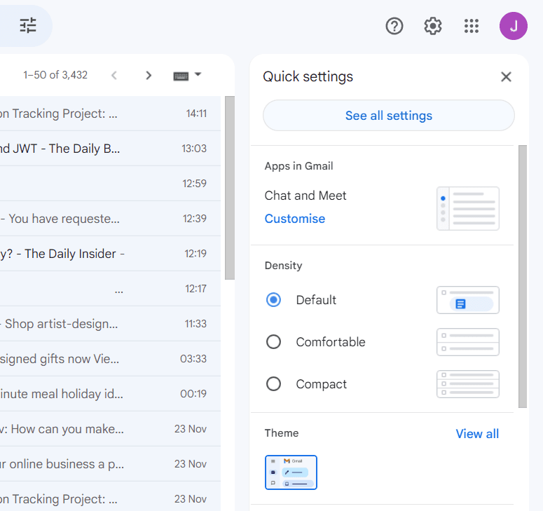 Gmail settings tab