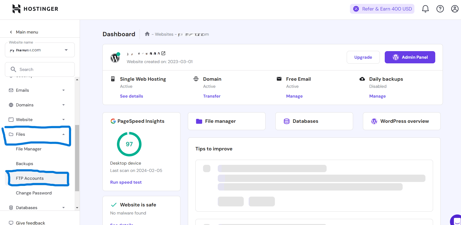 Hostinger dashboard showing ftp accounts menu