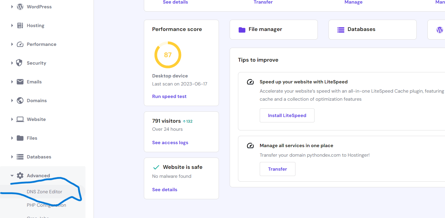 Hostinger dashboard showing dns configuration