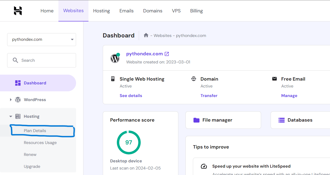 Hostinger dashboard