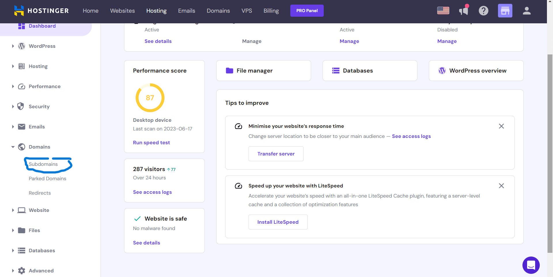 Hostinger dashboard