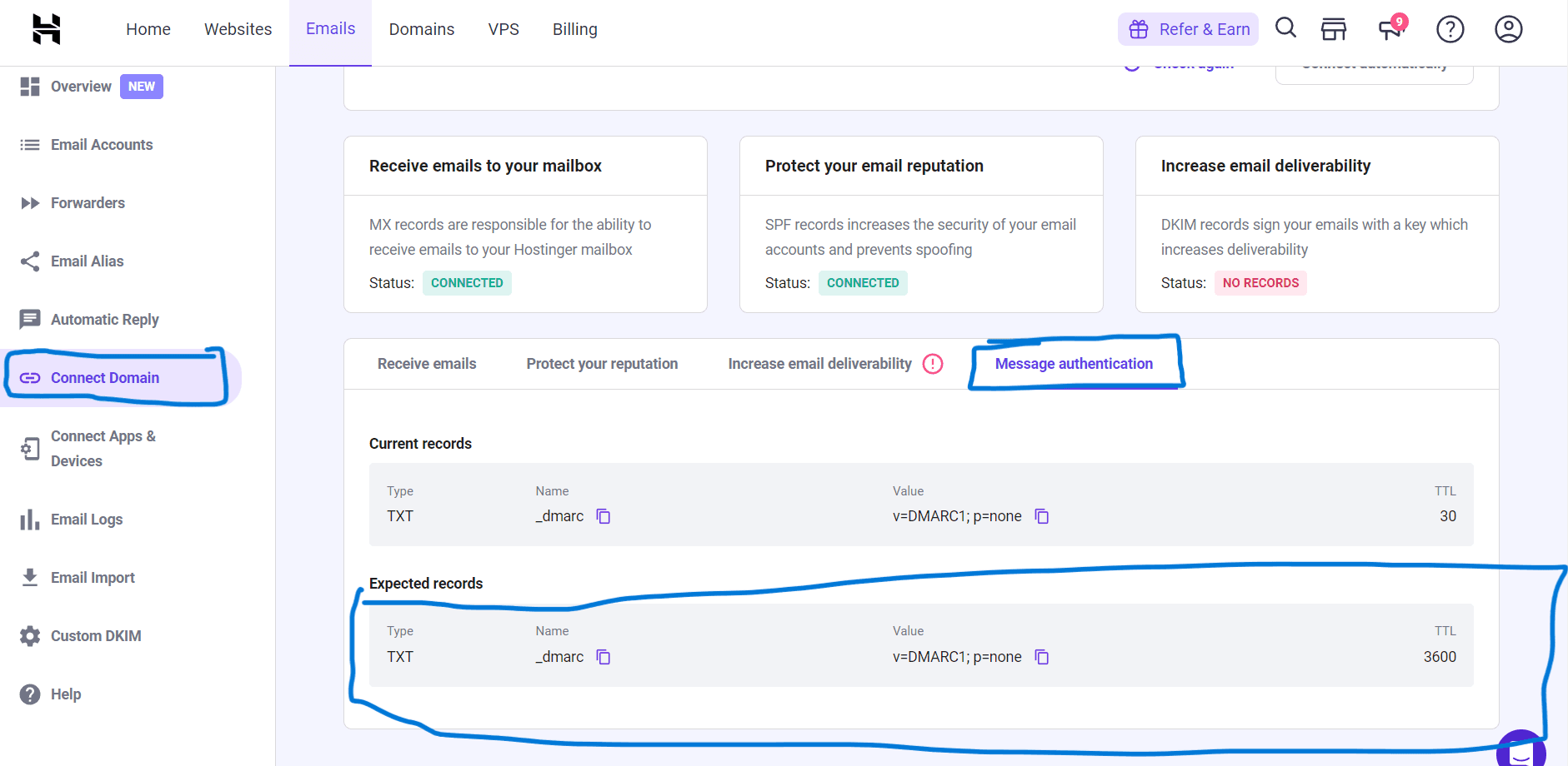 Hostinger dmarc record page