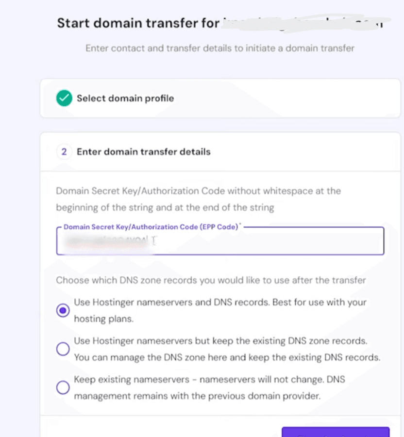 Hostinger domain transfer authorization code page