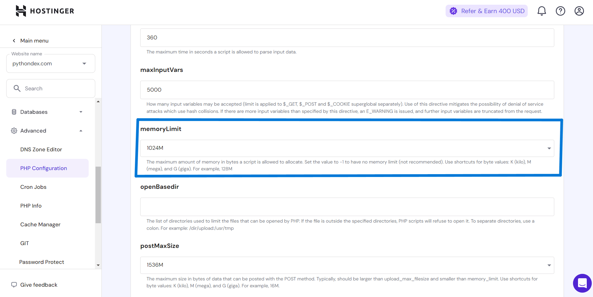 Hostinger memory limit option