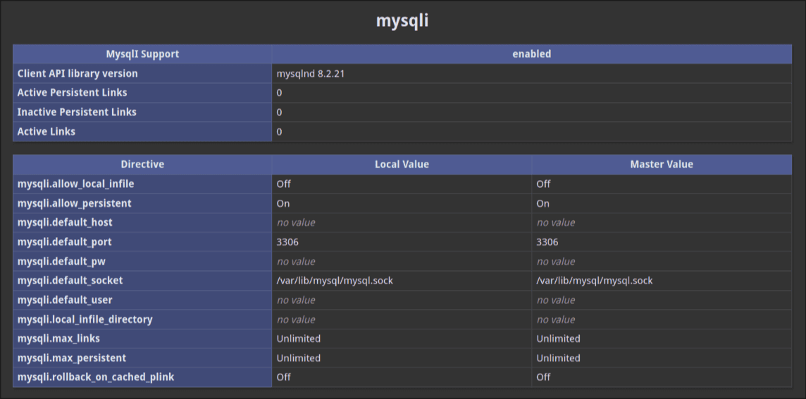 Hostinger phpinfo of mysql 