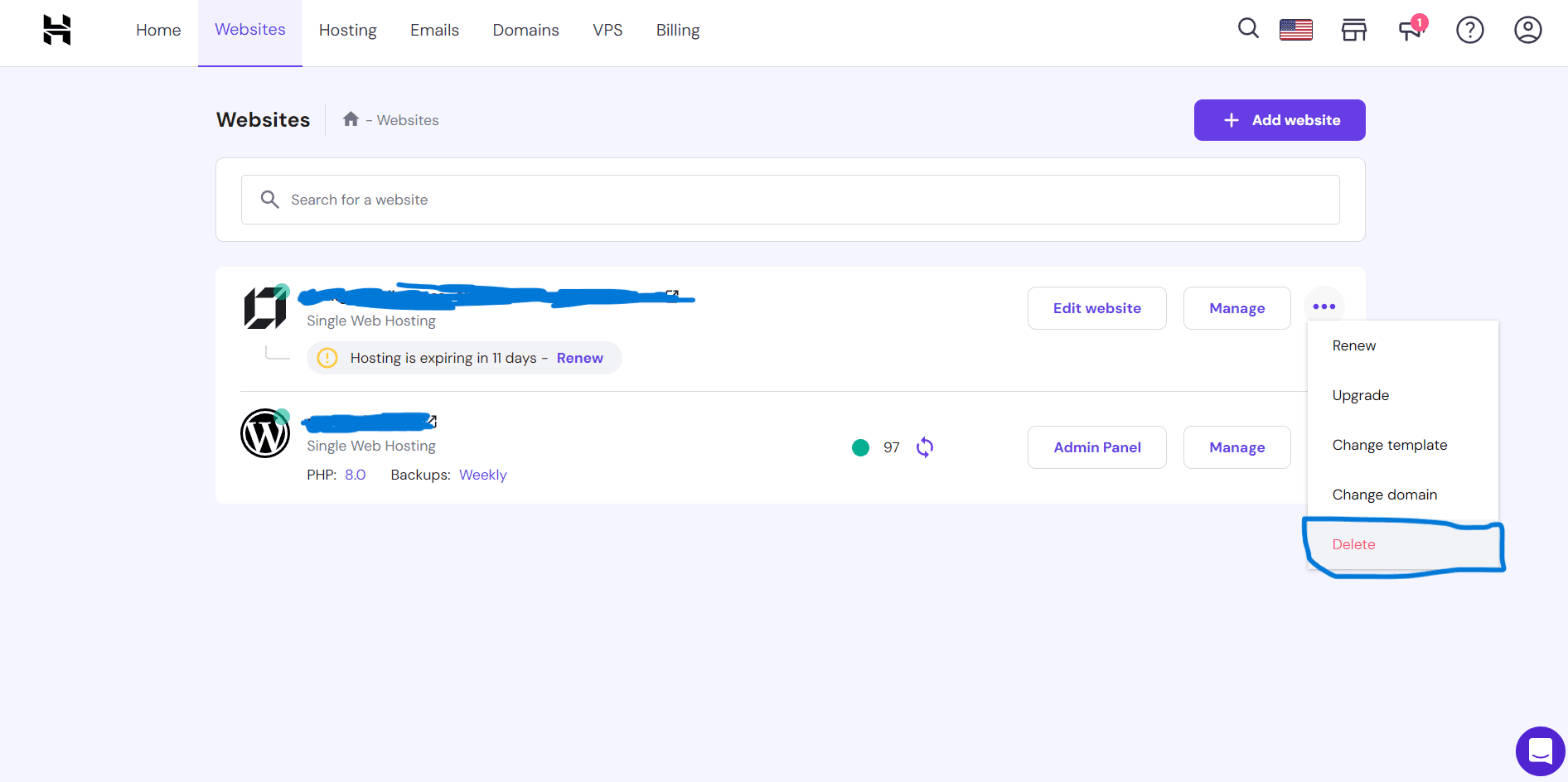 Hostinger website delete
