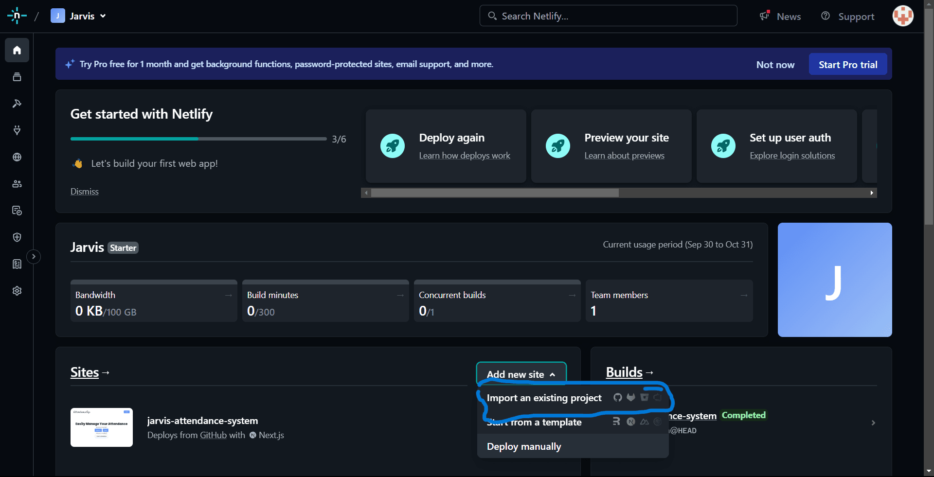 Netlify add new site page