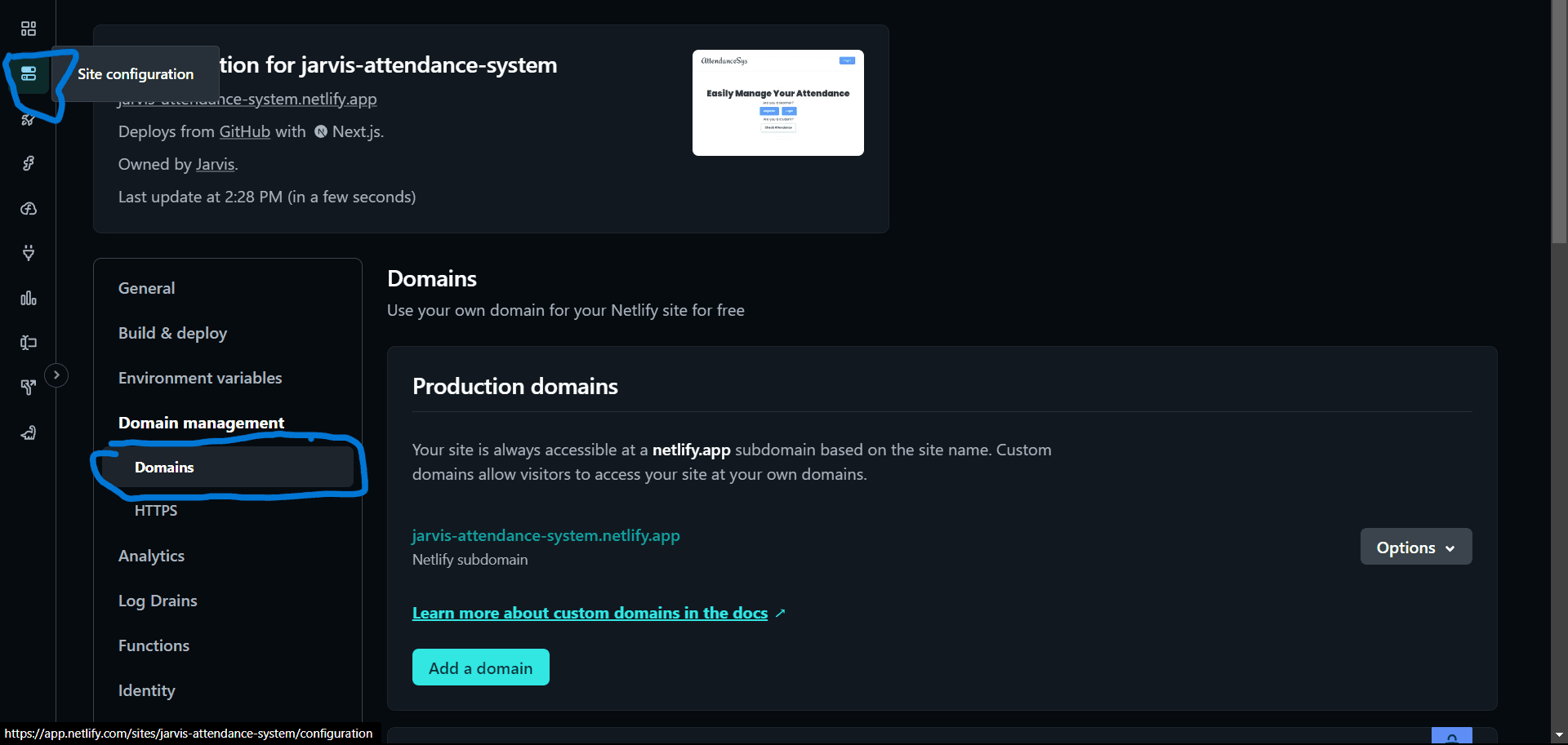 Netlify domain settings page