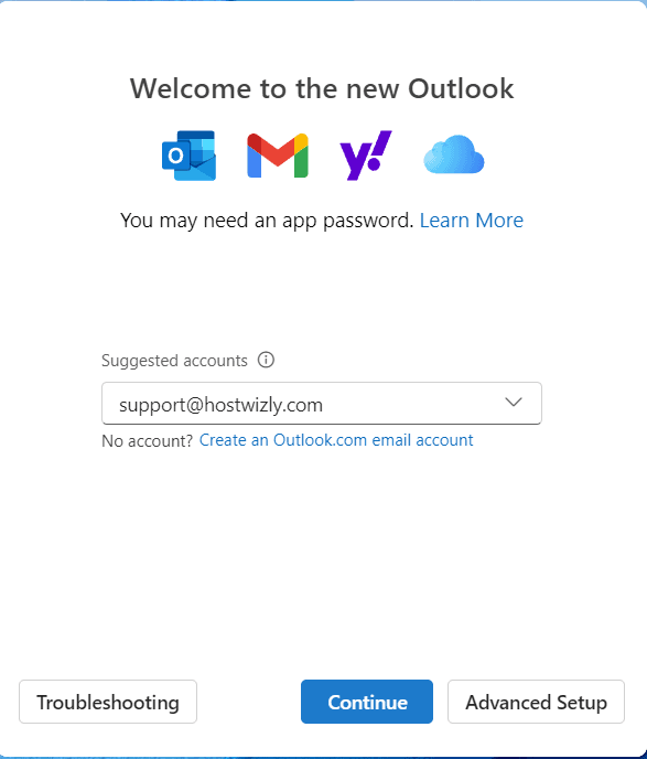 Outlook add hostinger email step 1