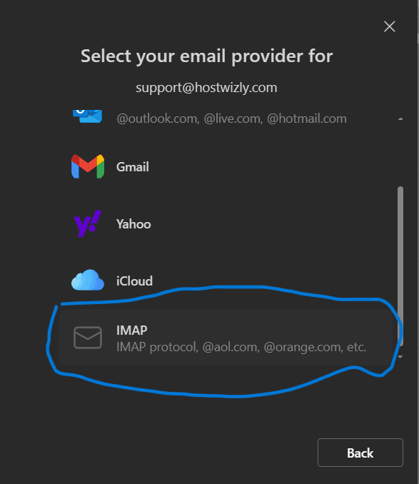 Select IMAP in Outlook advanced account setup