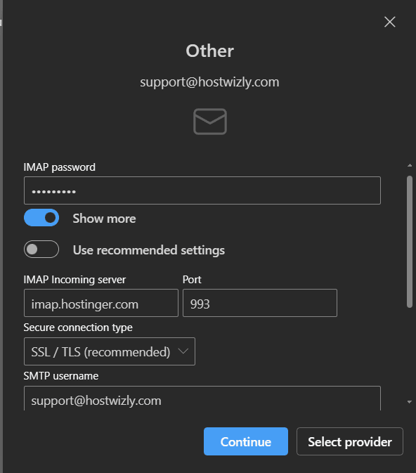 Enter Hostinger IMAP credentials in Outlook