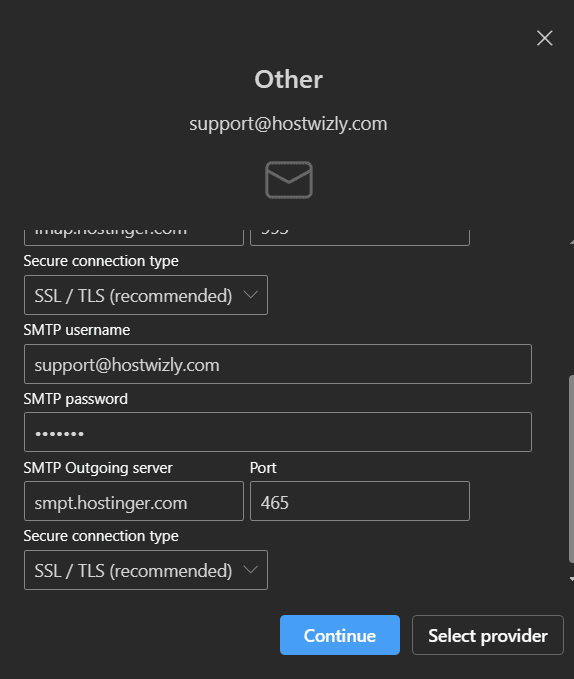 Enter Hostinger SMTP details in Outlook