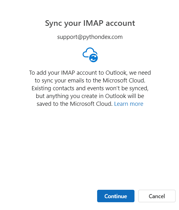 Outlook sync IMAP account confirmation