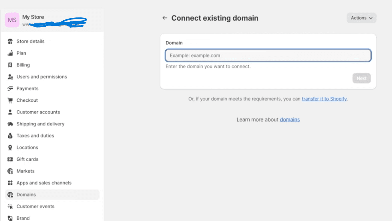 Shopify domain connection step 1