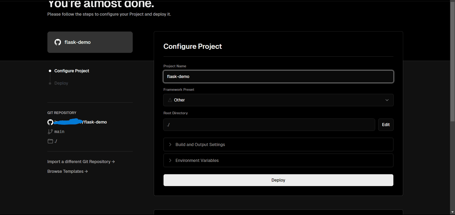 vercel project deployment final step