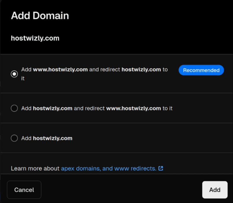 Vercel www redirect option