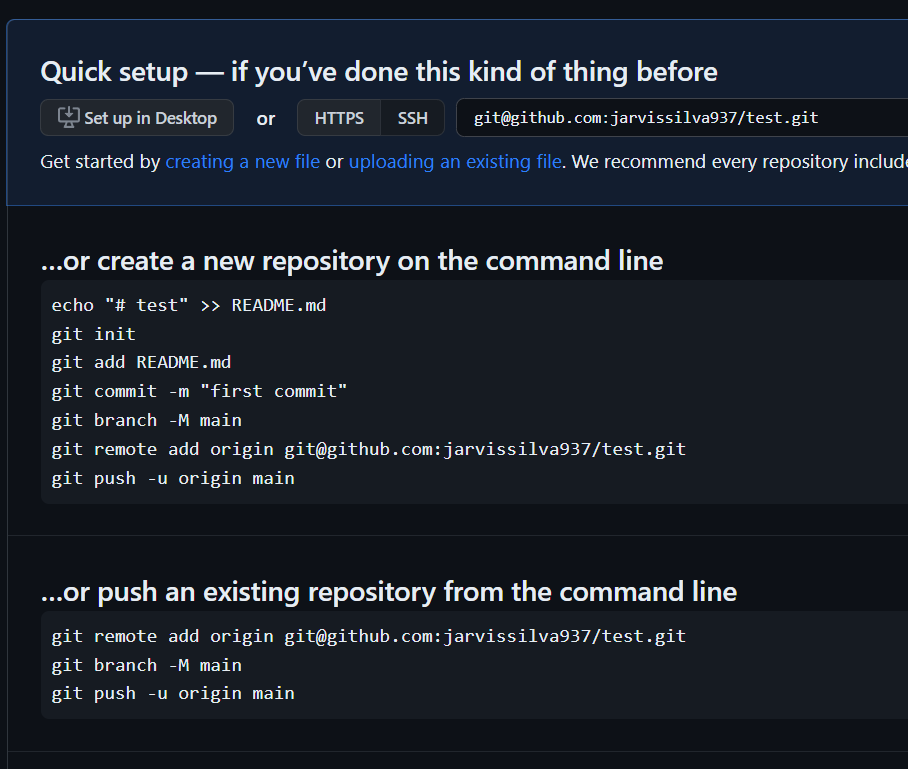 Github new repository page with commands