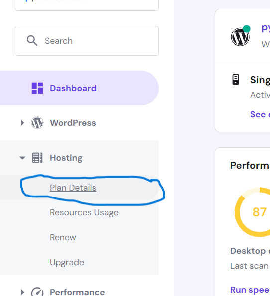 Hostinger hosting plan details tab in hPanel