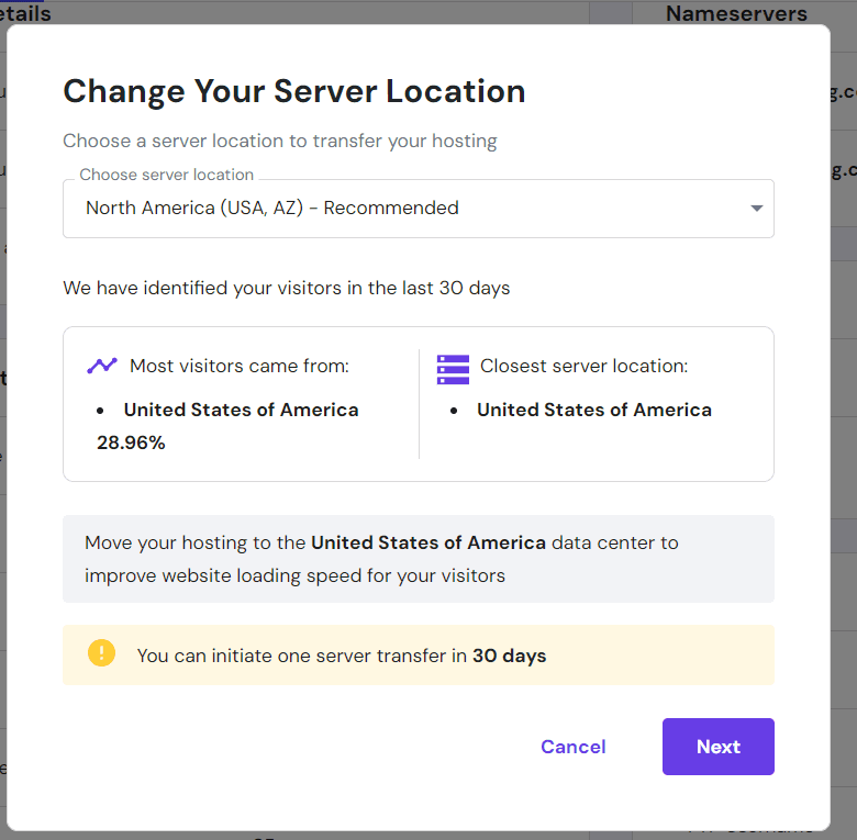 Hostinger server location selection popup